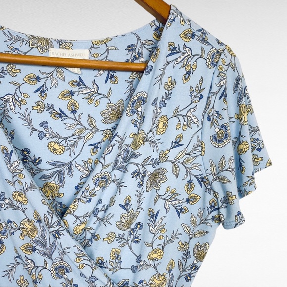 Rachel Ashwell | Sky Blue Botanical Short Sleeve Surplice V-Neck Mini Sundress - Picture 3 of 7